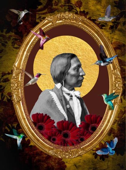 Digital photo collage with a black and white profile portrait of a Ute Indian surrounded by hummingbirds in a gilt frame.