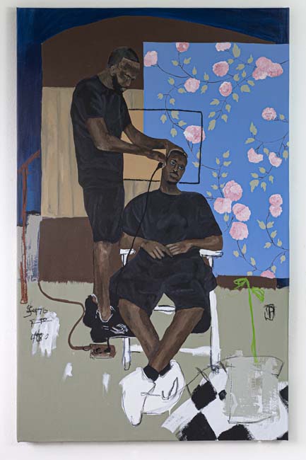 Painting of an interior of a barbershop with floral wallpaper with one Black man receiving a haircut by another.