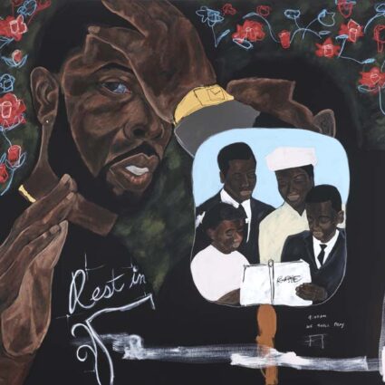A painting of a Black man wearing a black t-shirt with the words Rest in Peace in white cursive on it, holding up his right hand while another man places a palm on his forehead, a fan with a family portrait on a sky blue background obscuring his face.