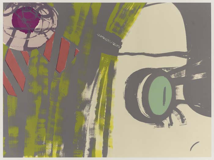 Six color lithograph of a close up view of a girl's eye in profile.