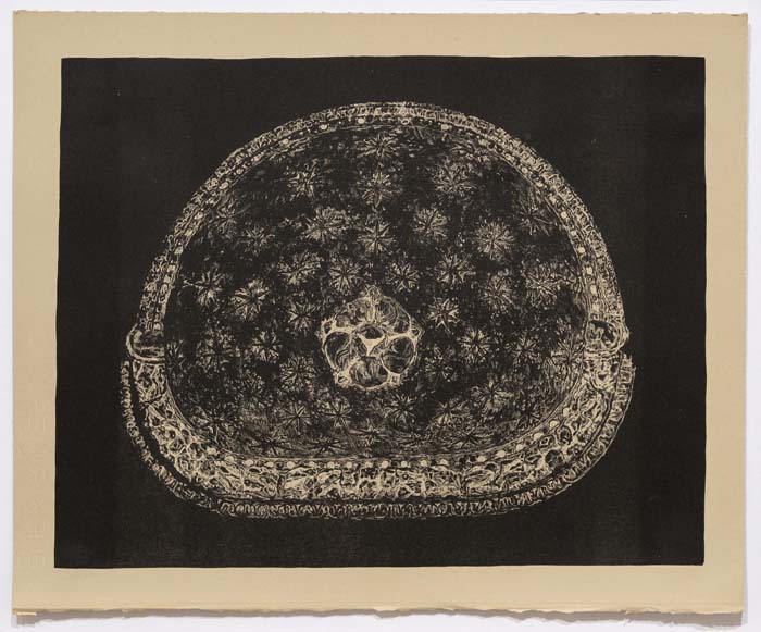 A lithograph of an ovoid object with organic patterns on it.