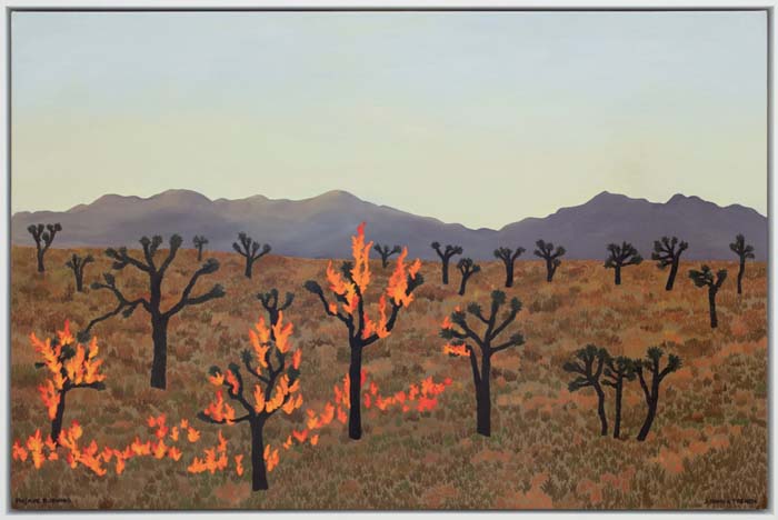 Painting of a landscape with mountains in the background and several Joshua trees on fire.