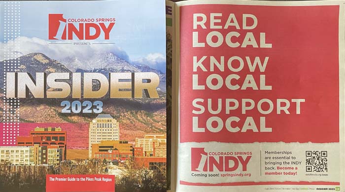Cover of a newsprint paper that reads "Insider 2023", and an open page with an ad for the paper.