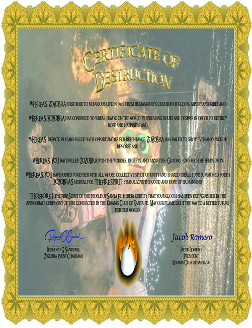 Zozobra "Certificate of Destruction"