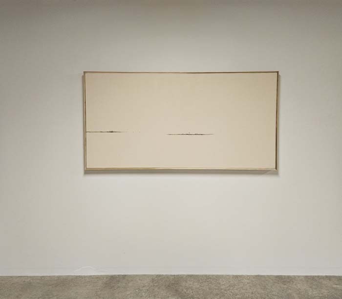 A mostly white painting bisected by a faint mirage-like horizon with a far-off prairie church on a tiny scale.