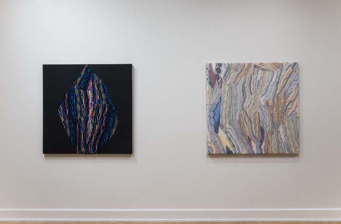 Two works by Jayson Musson of mercerized cotton woven into “paintings” recalling the 1990s Coogi sweaters.