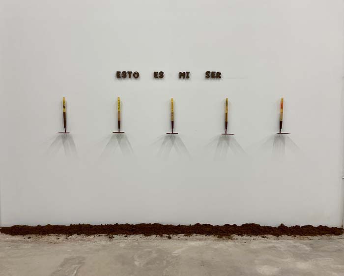 A suite of five short-handled hoes, made of resin and silk flowers, spaced across a gallery wall, with the words Esto Es Mi Ser spelled out in a mixture of soil and cotton above them.