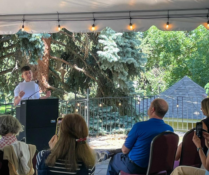 Andrea Gibson, Colorado's tenth poet laureate, gives an acceptance speech and poetry reading at Boulder's Colorado Chautauqua on September 6, 2023
