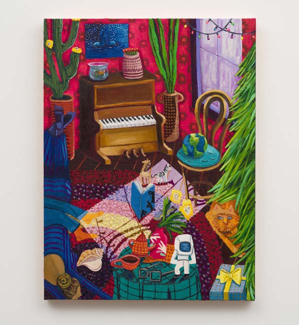 Painting of a room interior with a piano in the corner and a square of sunlight shining through a window onto a colorful carpet on which there are a variety of objects arranged.