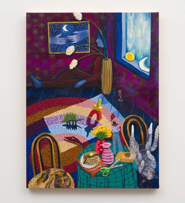 Painting of a room interior with a square of moonlight on a colorful rug.