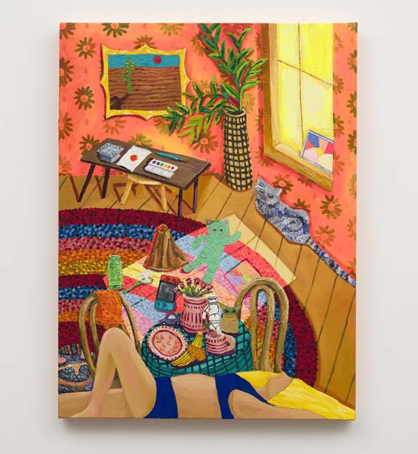 A painting of a golden midday sun brightening a room, from the pink floral wallpaper to the fresh fruit resting on the table, while a speckled blue cat curls up beneath the window pane, and a figure—blonde and bikini’d—stretches at the bottom of the canvas. 