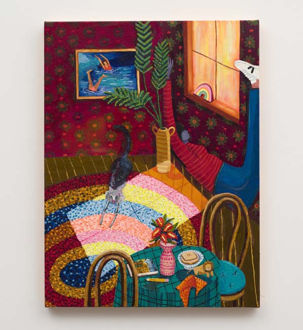 Painting of a room interior with a square of sunlight on a colorful carpet with a cat stretching out on it.
