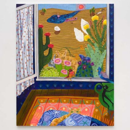 A wide open window with a view of desert plants and animals.