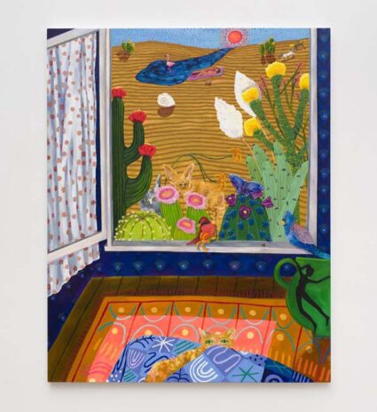 A wide open window with a view of desert plants and animals.