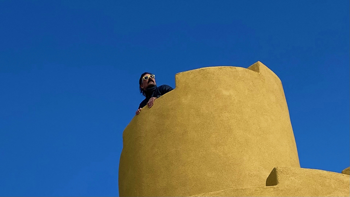 The author looks out from the top of the Crestone Ziggurat