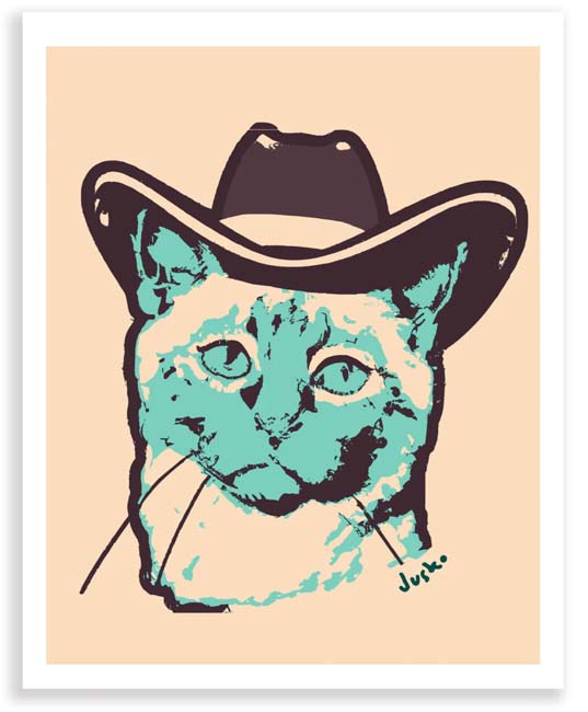 Print of a cat with cyan-colored points wearing a brown cowboy hat.