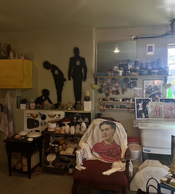 Details from John Flores's Yucca Valley studio includes a Frida Kahlo blanket 