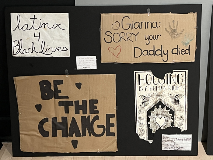 George Floyd exhibition at ASU Art Museum includes signs that read "Latinx 4 Black Lives" and "Be the Change"