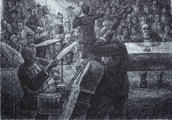 Blue Lotus Artists' Collective artist Willie Bonner's ink on paper image of a jazz band