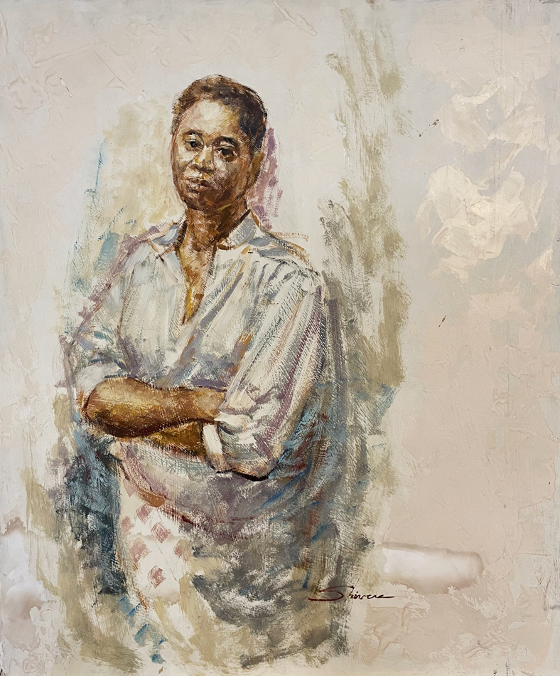 A Clarence Shivers painting depicts a women with arms crossed 