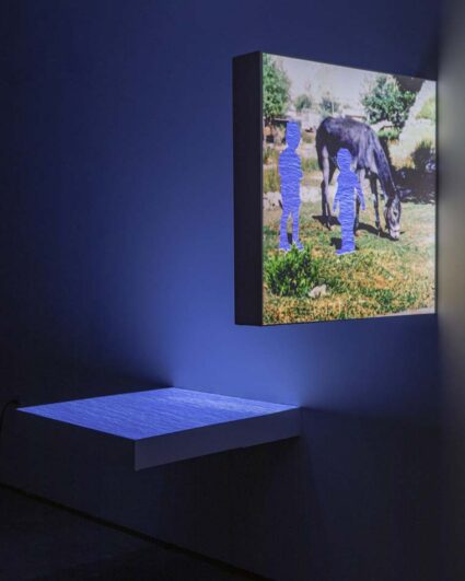 A vertical panel with a projection of a horse and two silhouettes of children with their bodies replaced by an image of water, and a horizontal panel with a projection of water.
