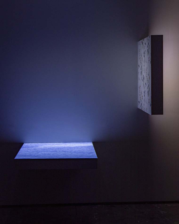Two panels emerging from the wall, a vertical one with floral wallpaper, and a horizontal one below it with a video projection of the surface of water.