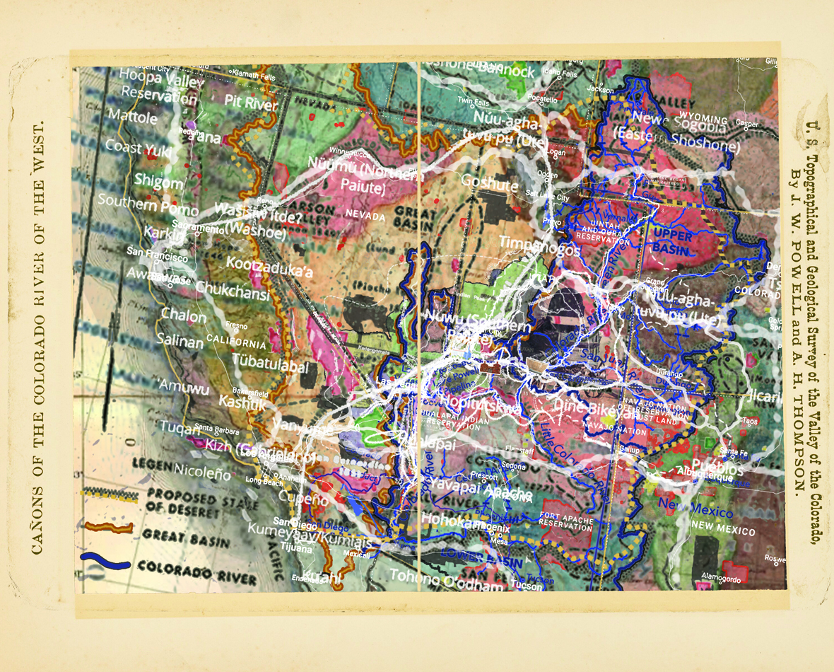 nicholas b jacobsen, Maps of Indigenous lands occupied by the American West, 2023, digital collage featuring layered current and historic maps of Indigenous lands, waters, and trails occupied in the American West, 8.5 x 10.5 in.