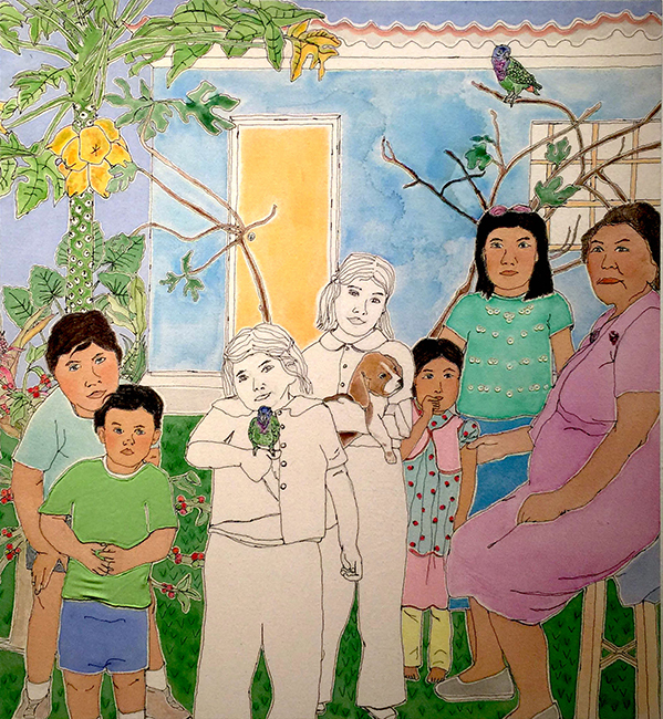 Perla Segovia, Immigrants' Void, 2018, natural canvas, cotton thread, appliqué fabrics, watercolor
