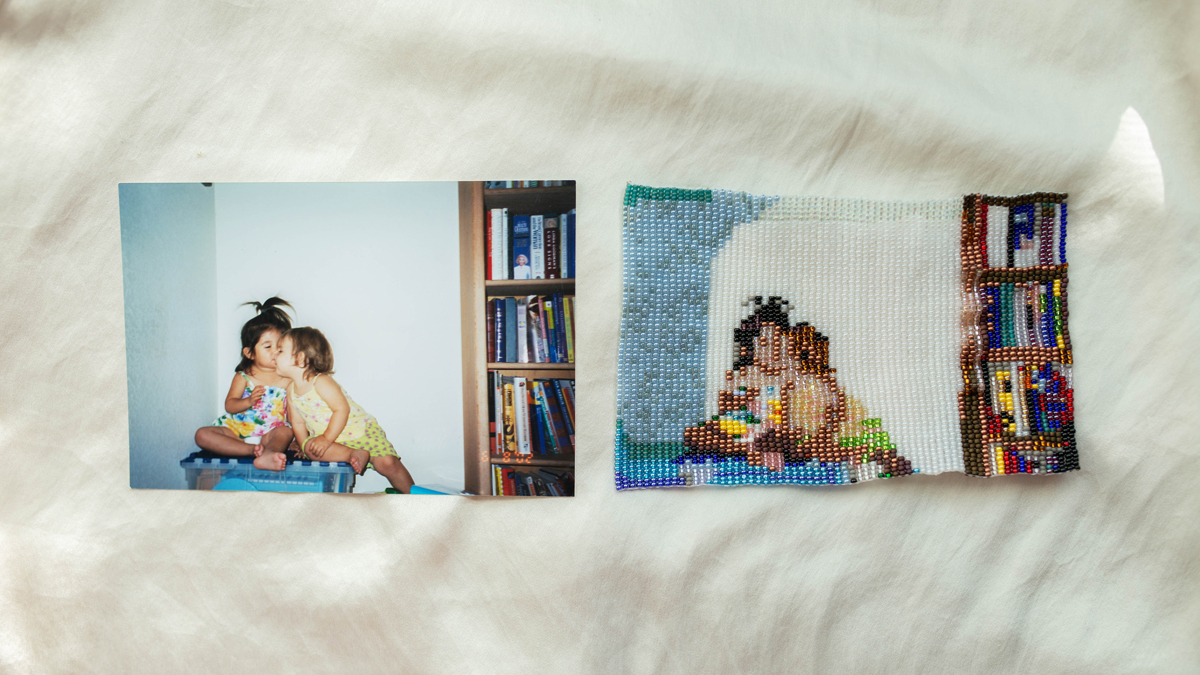 Jacey Coca, splitting cells, untitled #1–3, side by side view, one a photograph and the other a beadwork, of two young people being affectionate towards one another 