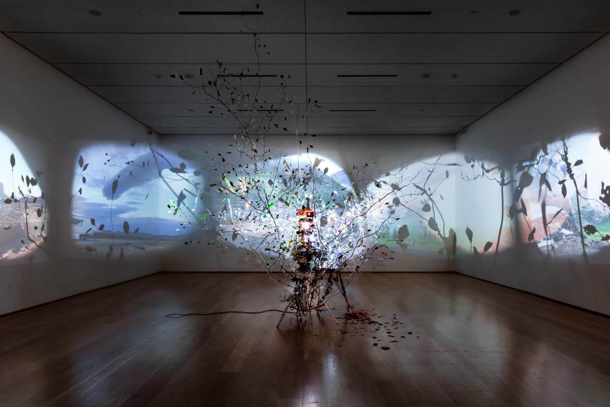 Installation view of a work by Sarah Sze, In the center is an aluminum tree with audio visual technology projecting images of seasons across the wall