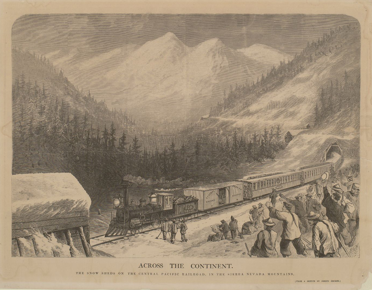 Historical image from 1870 of the Central Pacific Railroad, in the Sierra Nevada Mountains as discussed by Paisley Rekdal