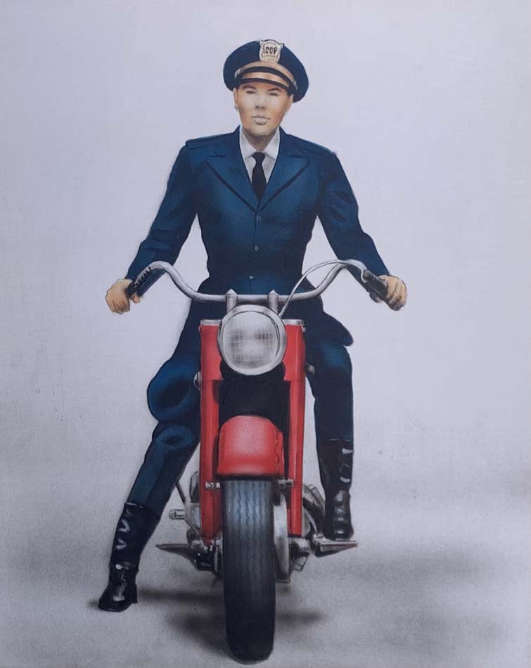 Full length frontal painting of a police officer on a red motorcycle.