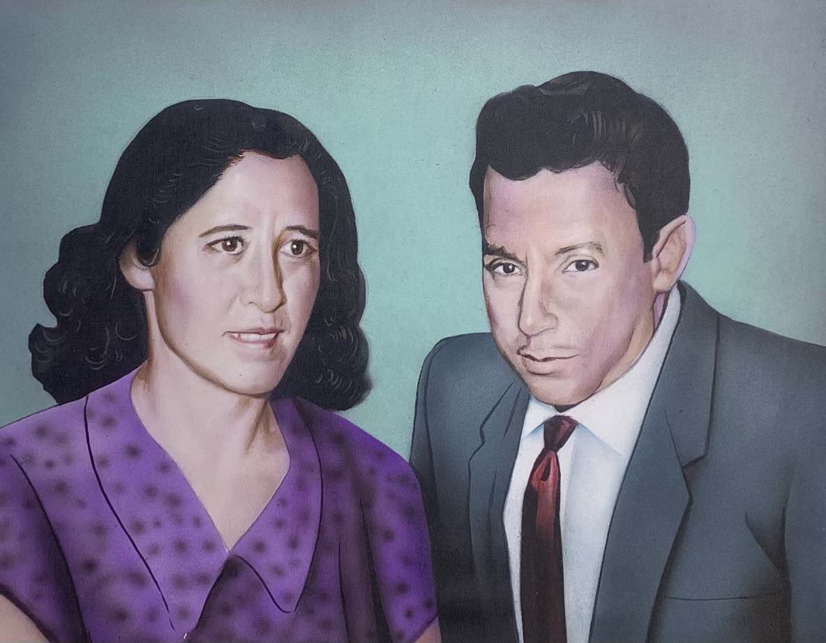 Painting of a woman and a man in front of a blue background, the man wearing a suit and tie and the woman, looking concerned, wearing purple.