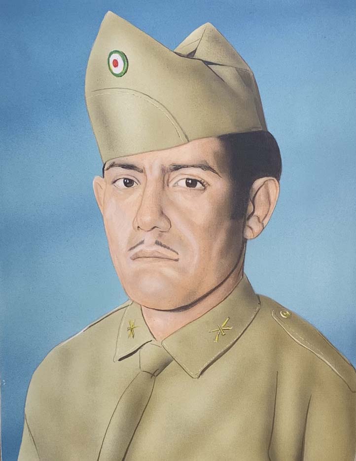 Painted portrait of a soldier with a pencil thin mustache.