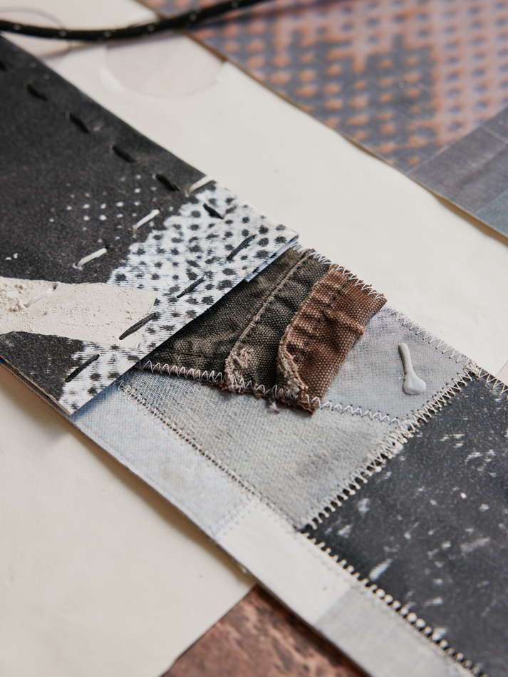 A close-up view of collaged fabrics by Nick Larsen