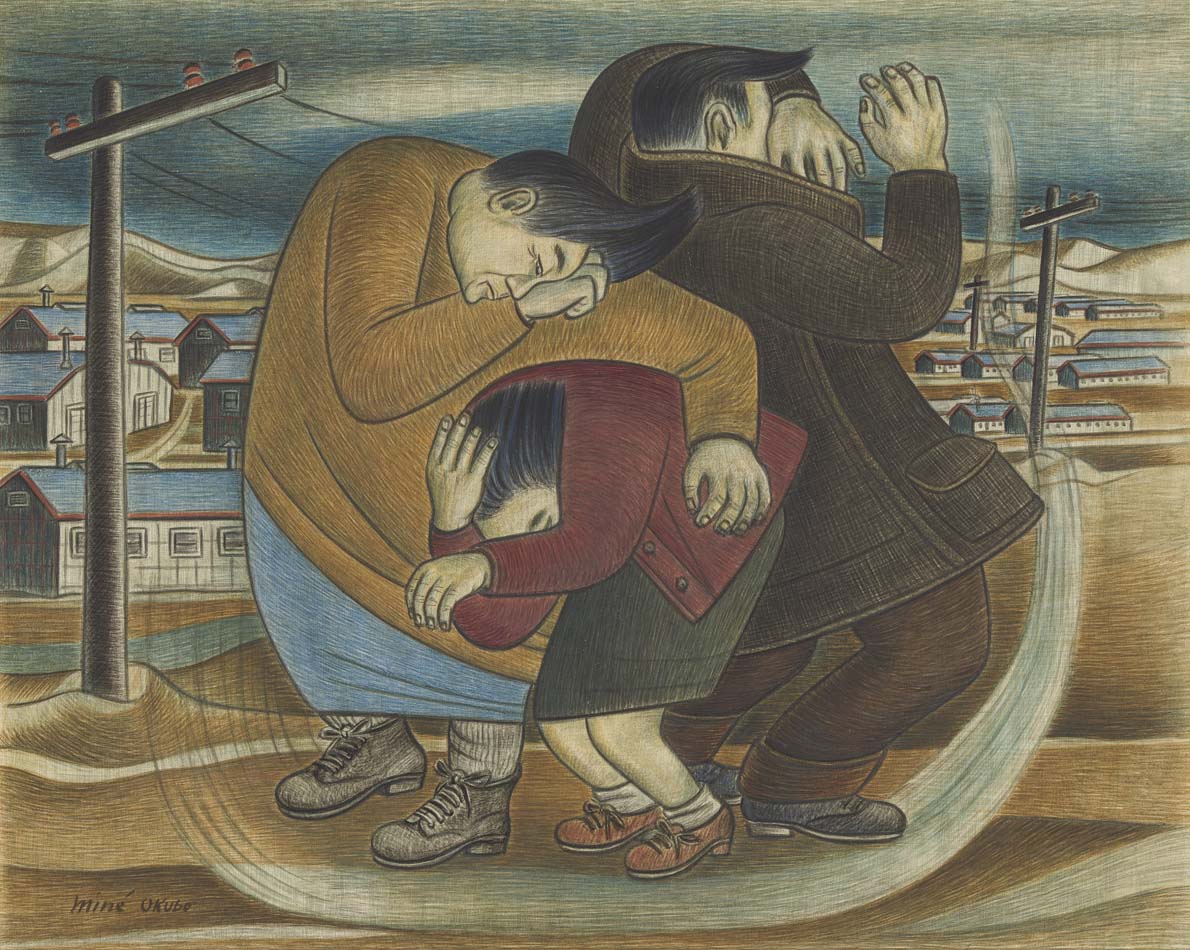 "Wind and Dust" by Miné Okubo, showing a group of people covering their faces with a bleak internment camp in the background.