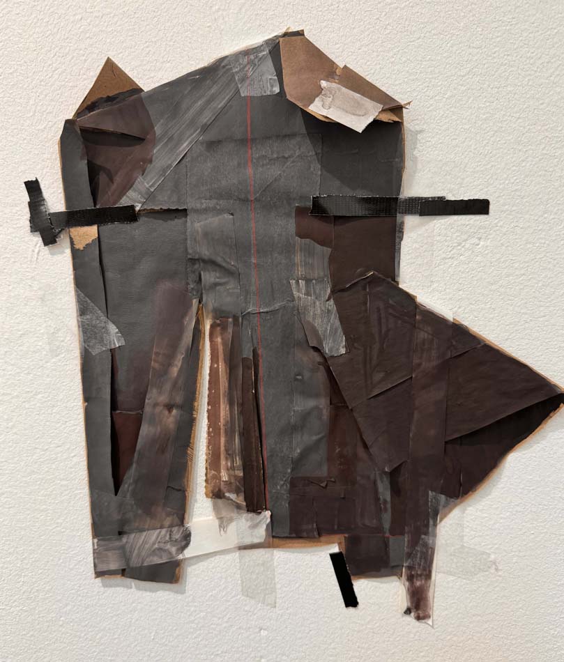 An irregularly shaped collage made of brown and gray painted paper and cardboard with black electrical tape.