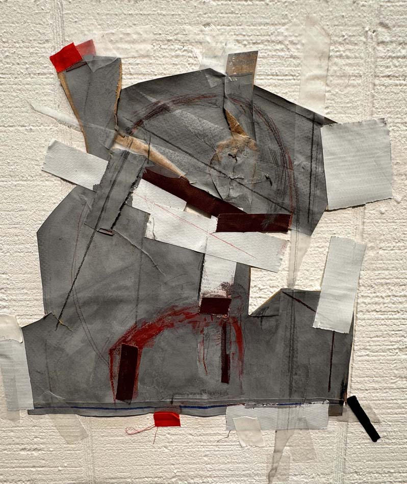 An abstract collage made of gray duct tape and cardboard with white gaffers tape and red details.