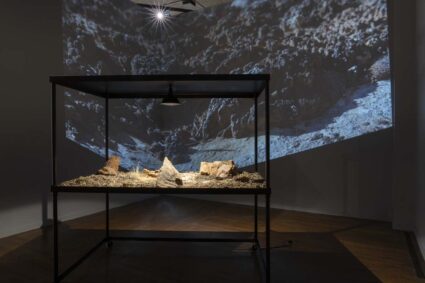 A glass vitrine with desert soil, spotlit, in a darkened gallery space with a video of landscape projected in the background.