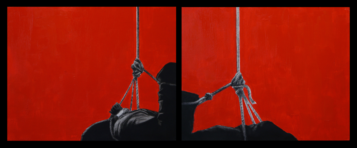 Francisco Gonzalez Castro, El peso del arte/The weight of art, charcoal and acrylic on canvas panel