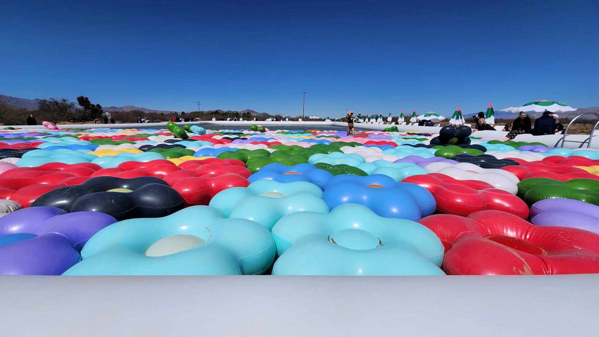 CJ Hendry public pool art installation with PVC inflatable flowers