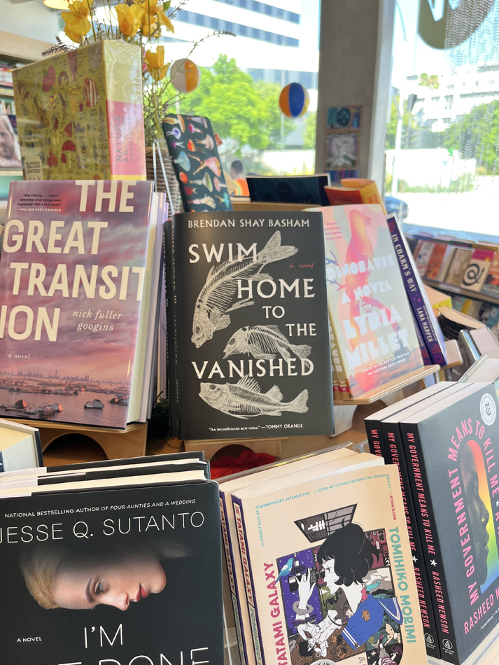 The debut novel of Brendan Basham, Swim Home to the Vanished, appears on a bookshelf display at Village Well Books in Los Angeles