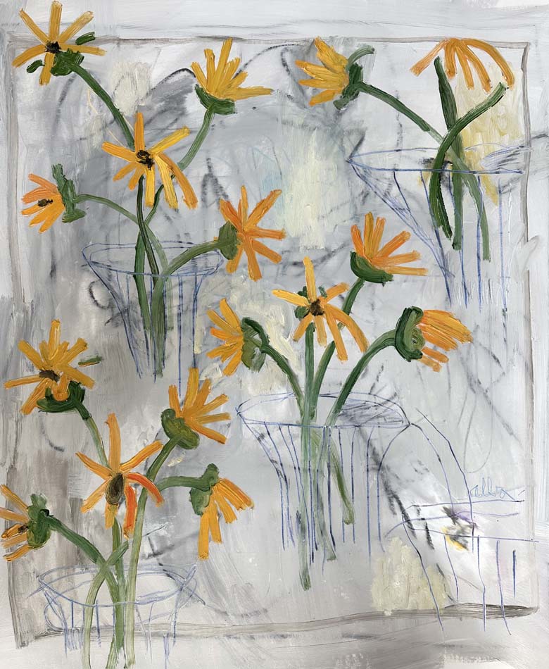 Painting of small stemmy bouquets of sunflowers.