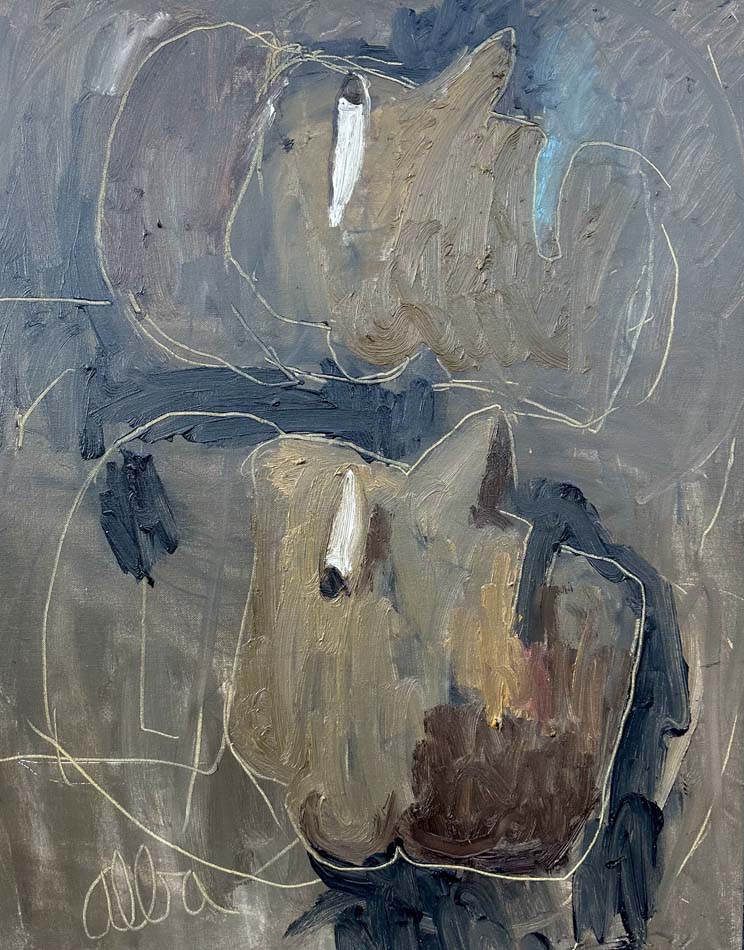 Painting in shades of brown and blue with two men's heads pointing up.