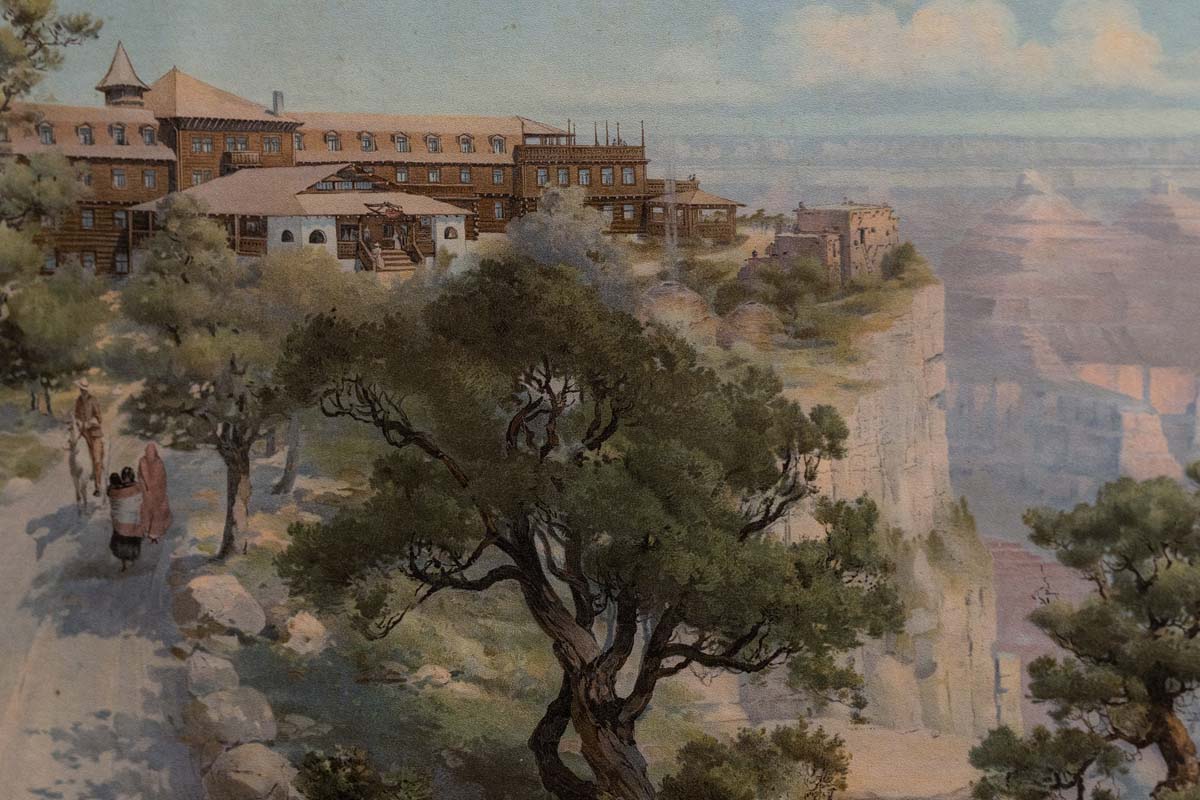 Painting of the Harvey Hotel atop the south rim of the Grand Canyon in an atmosphere of dreamy pastels and adjacent to a Hopi pueblo, while a man on horseback and two Native women walk the road.