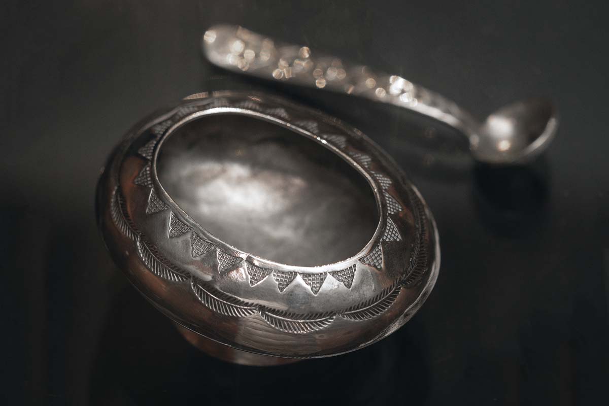 Navajo or Zuni early 20th century stamped silver salt cellar and spoon.