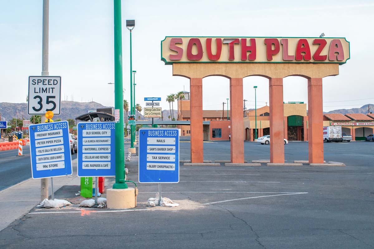 Photo of a large sign reading South Plaza, with multiple road closures indicated.