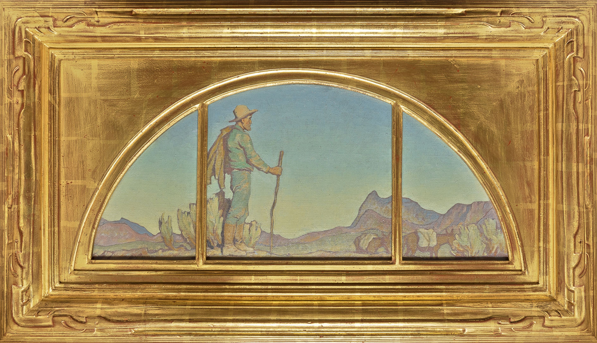 Oil painting in an ornate gold frame, showing a white male prospector surveying a Western landscape. A pack of mules appears in the background.