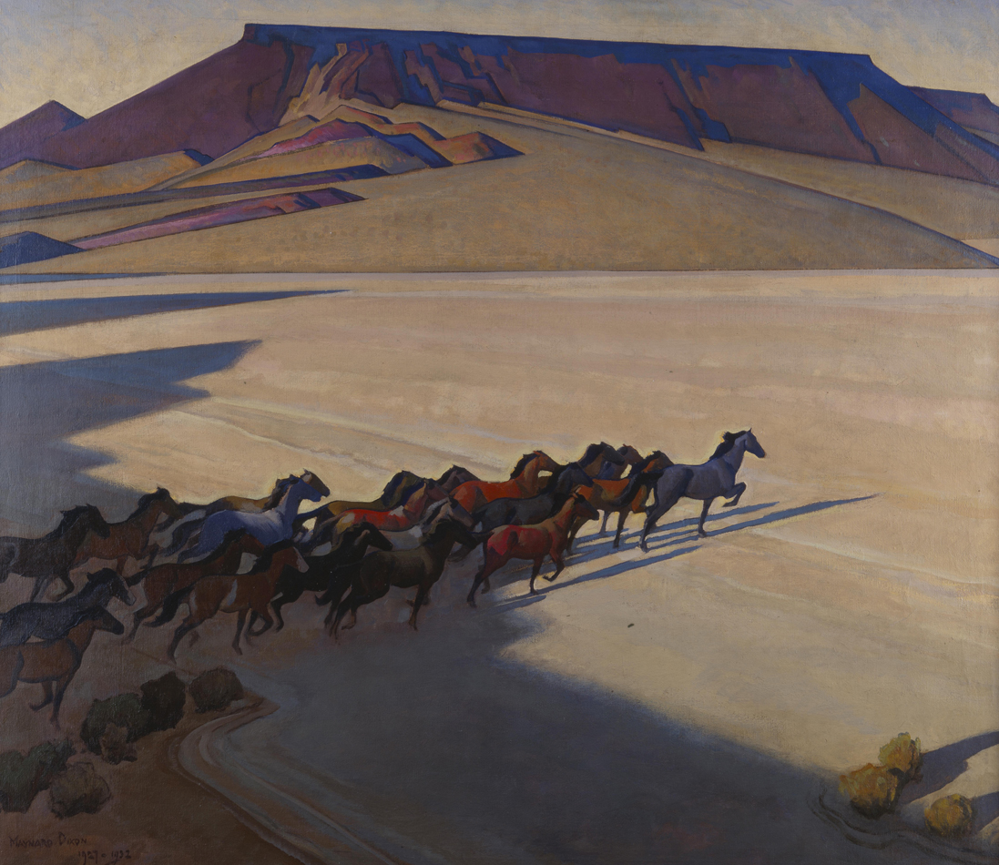 Oil painting by Maynard Dixon showing a herd of wild horses galloping across a Western expanse. A mesa rises in the background.