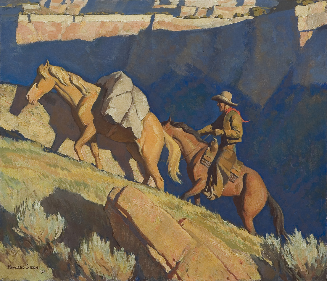 Oil painting by Maynard depicting a cowboy driving a packhorse up a steep hill. Striated cliffs rise in the background.